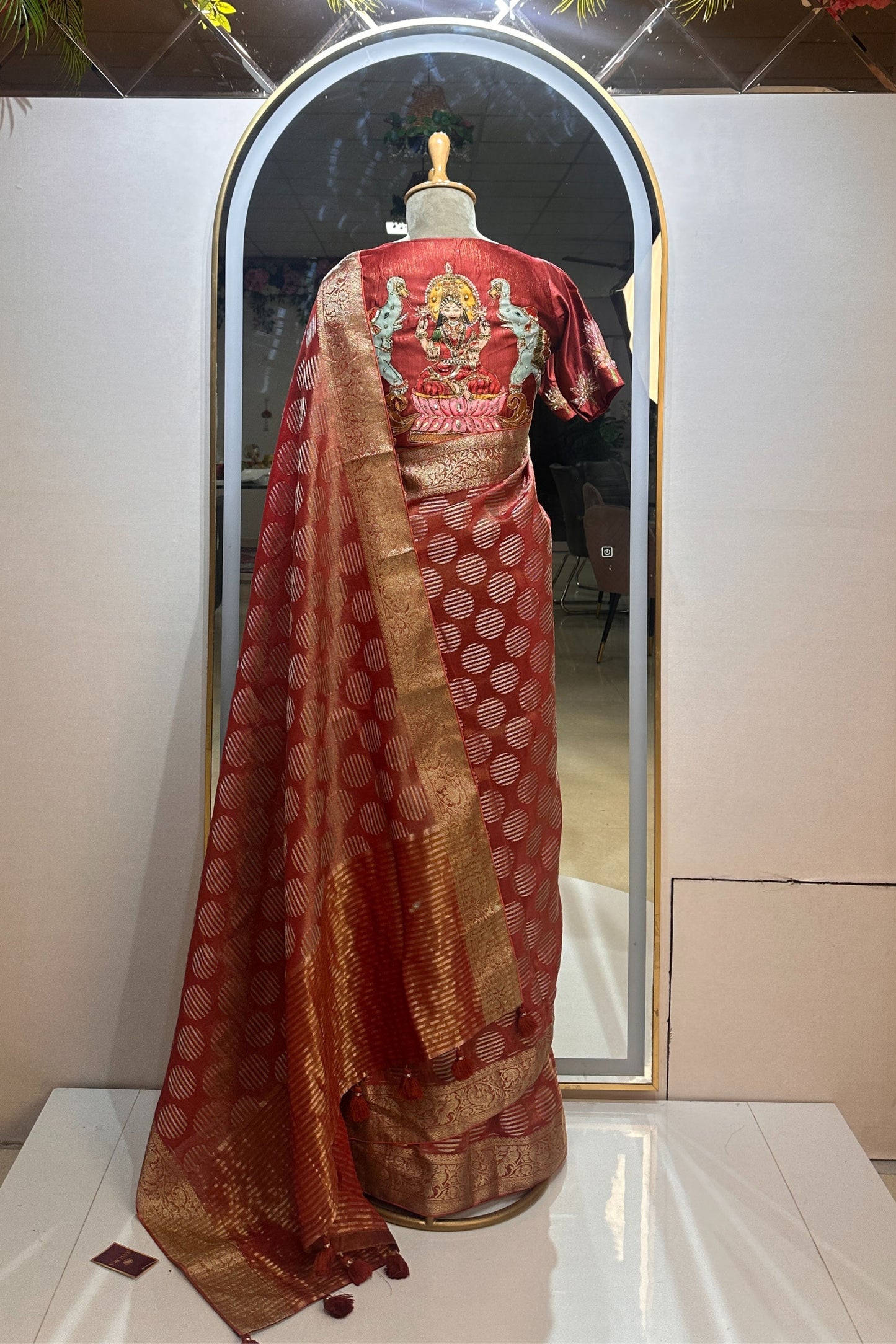 Tissue Silk Saree with Stitched Goddess Laxmi Designer Blouse