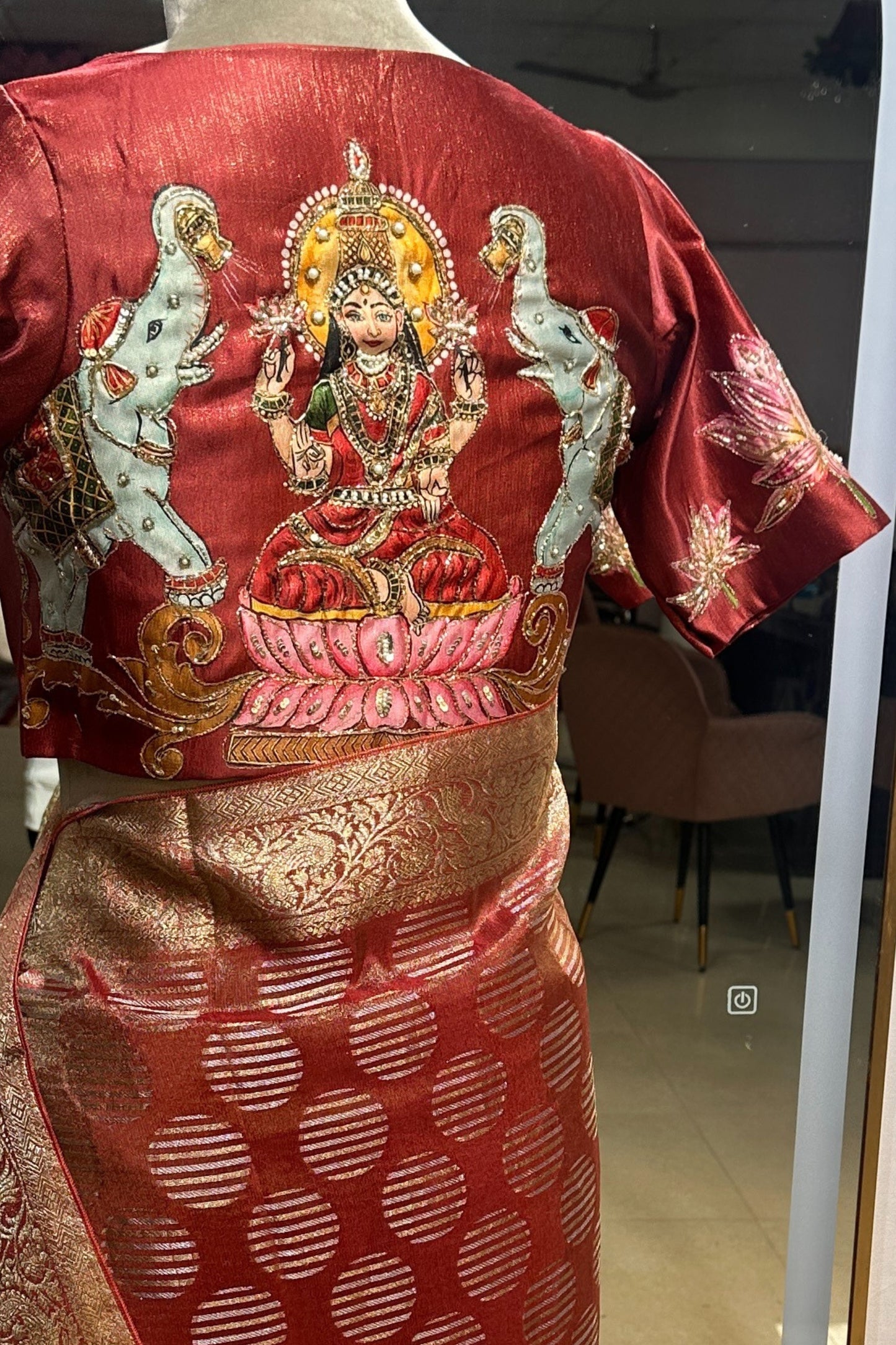 Tissue Silk Saree with Stitched Goddess Laxmi Designer Blouse