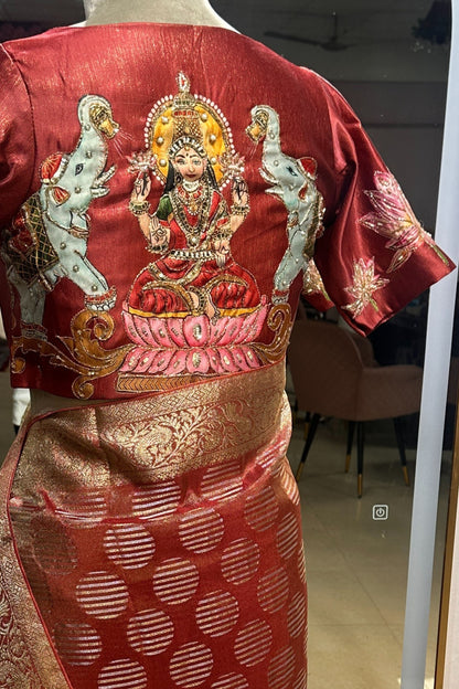 Tissue Silk Saree with Stitched Goddess Laxmi Designer Blouse