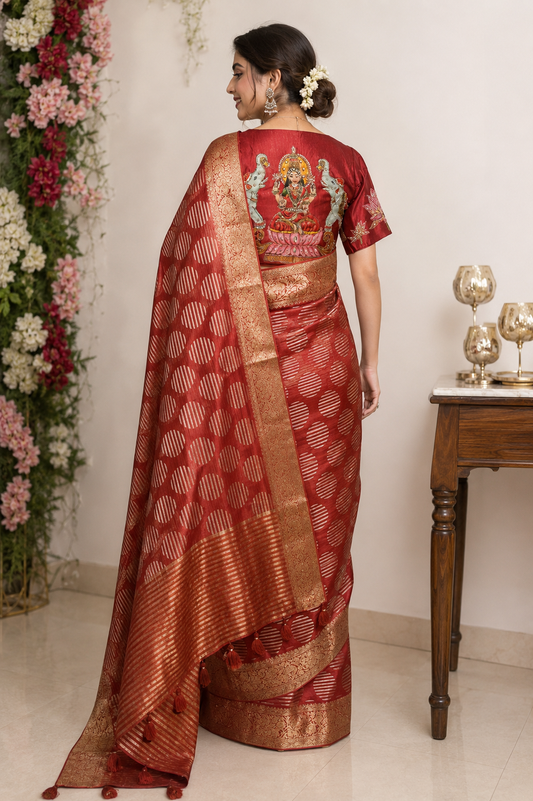 Tissue Silk Saree with Stitched Goddess Laxmi Designer Blouse