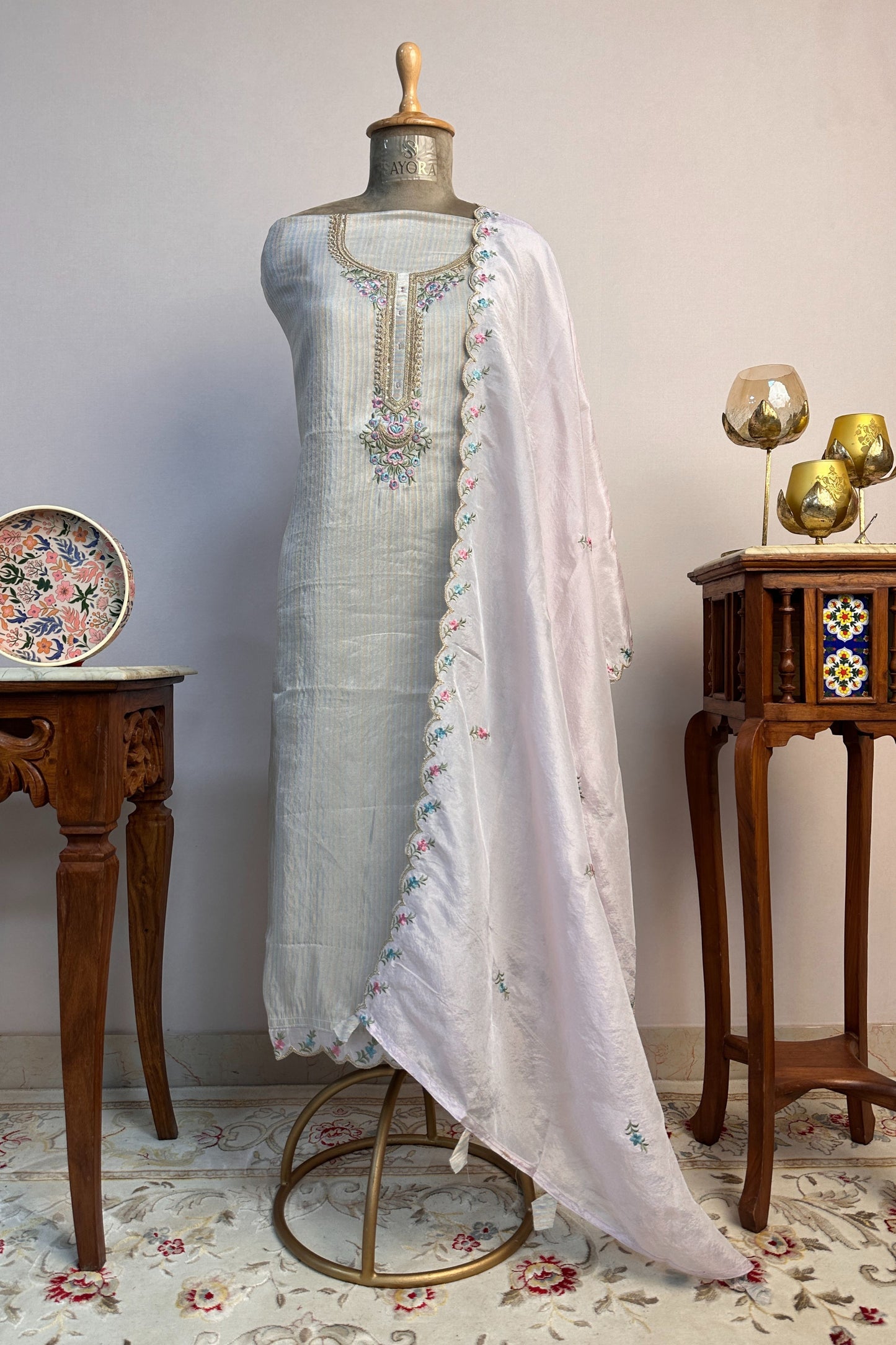 Tissue Silk Striped Multi-shade Parsi Gara Handwork Embroidered Unstitched Suit Set