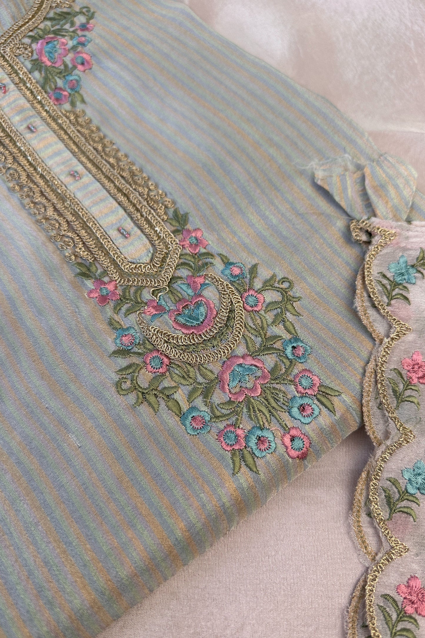 Tissue Silk Striped Multi-shade Parsi Gara Handwork Embroidered Unstitched Suit Set