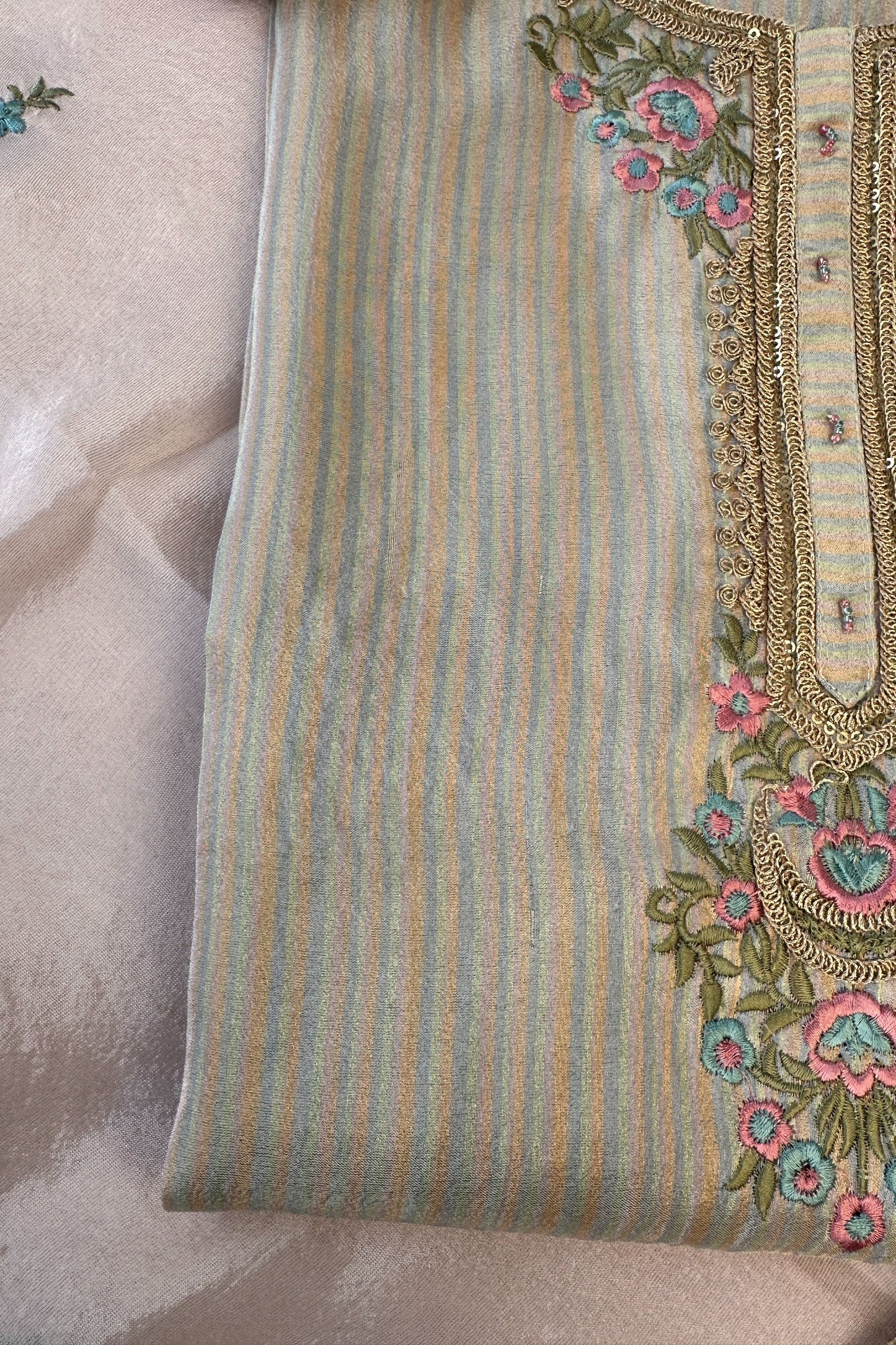 Tissue Silk Striped Multi-shade Parsi Gara Handwork Embroidered Unstitched Suit Set