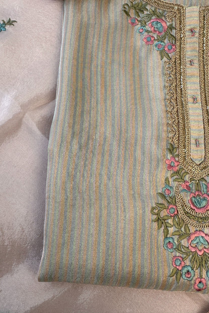 Tissue Silk Striped Multi-shade Parsi Gara Handwork Embroidered Unstitched Suit Set