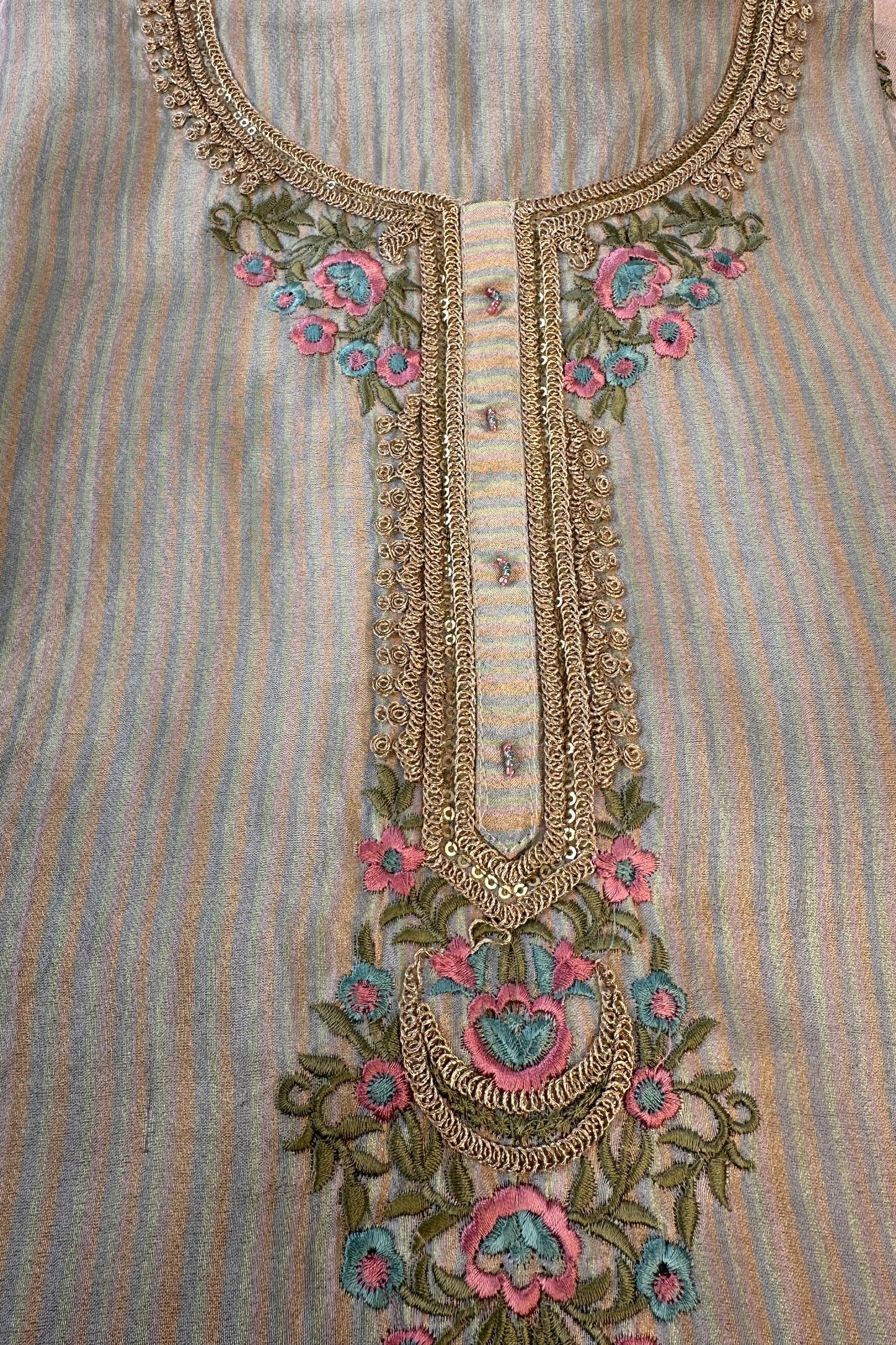 Tissue Silk Striped Multi-shade Parsi Gara Handwork Embroidered Unstitched Suit Set