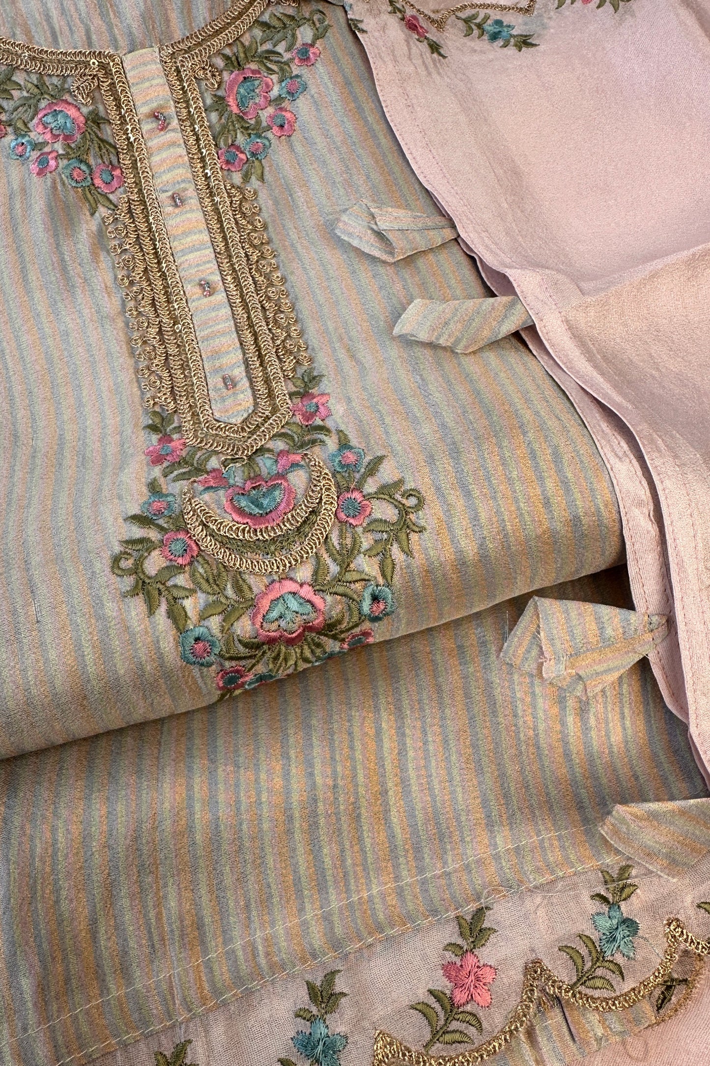 Tissue Silk Striped Multi-shade Parsi Gara Handwork Embroidered Unstitched Suit Set