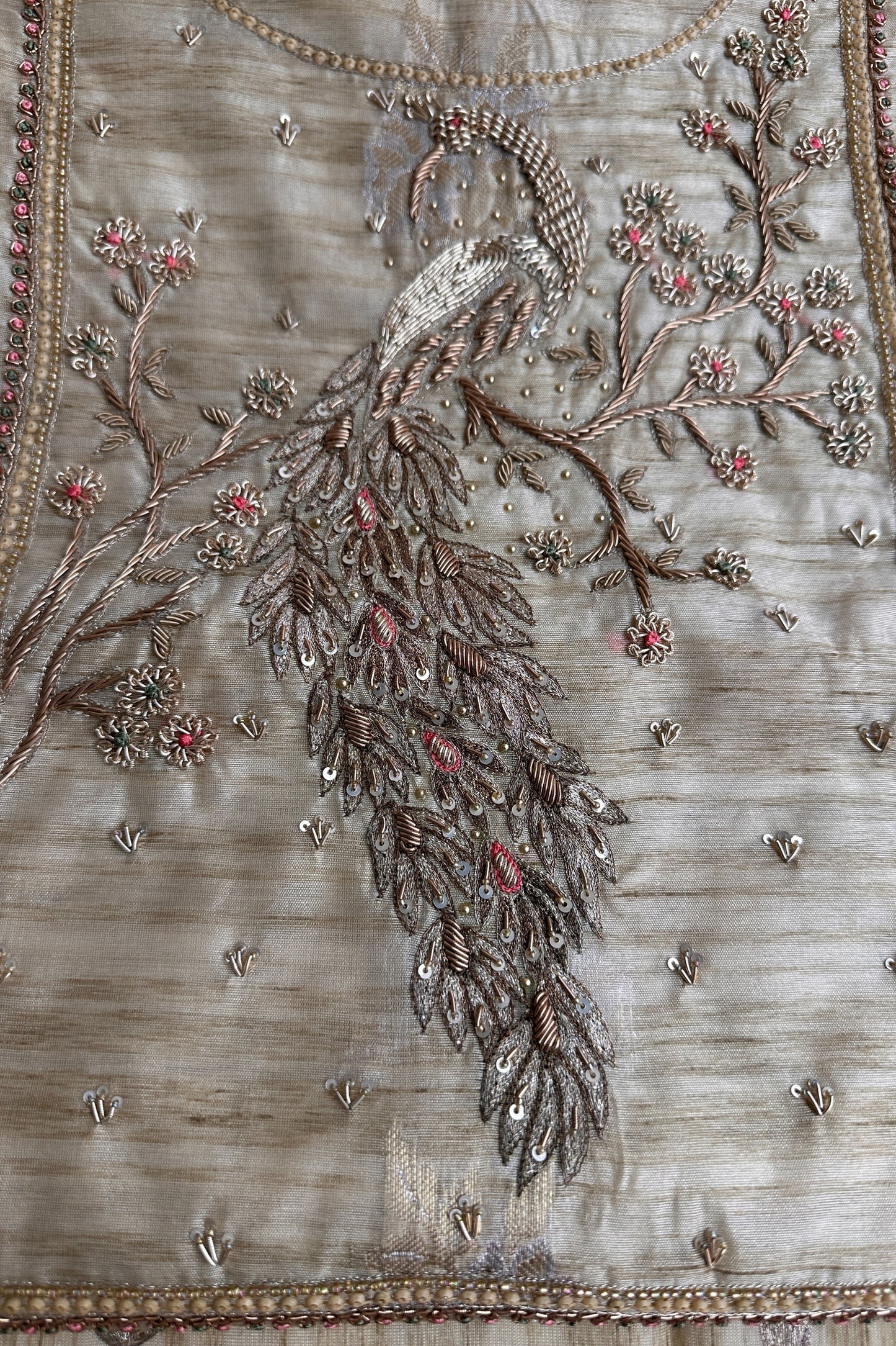 Tussar Silk Peacock Zardozi Hand Embroidered Unstitched Suit Set