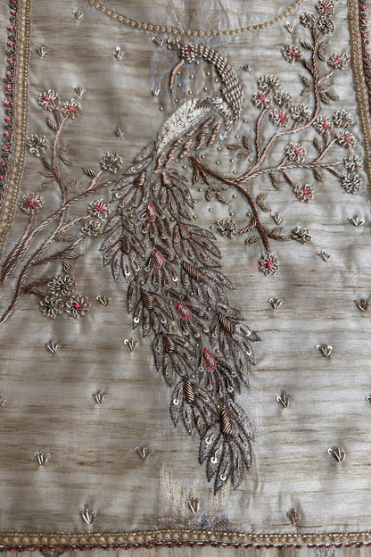 Tussar Silk Peacock Zardozi Hand Embroidered Unstitched Suit Set