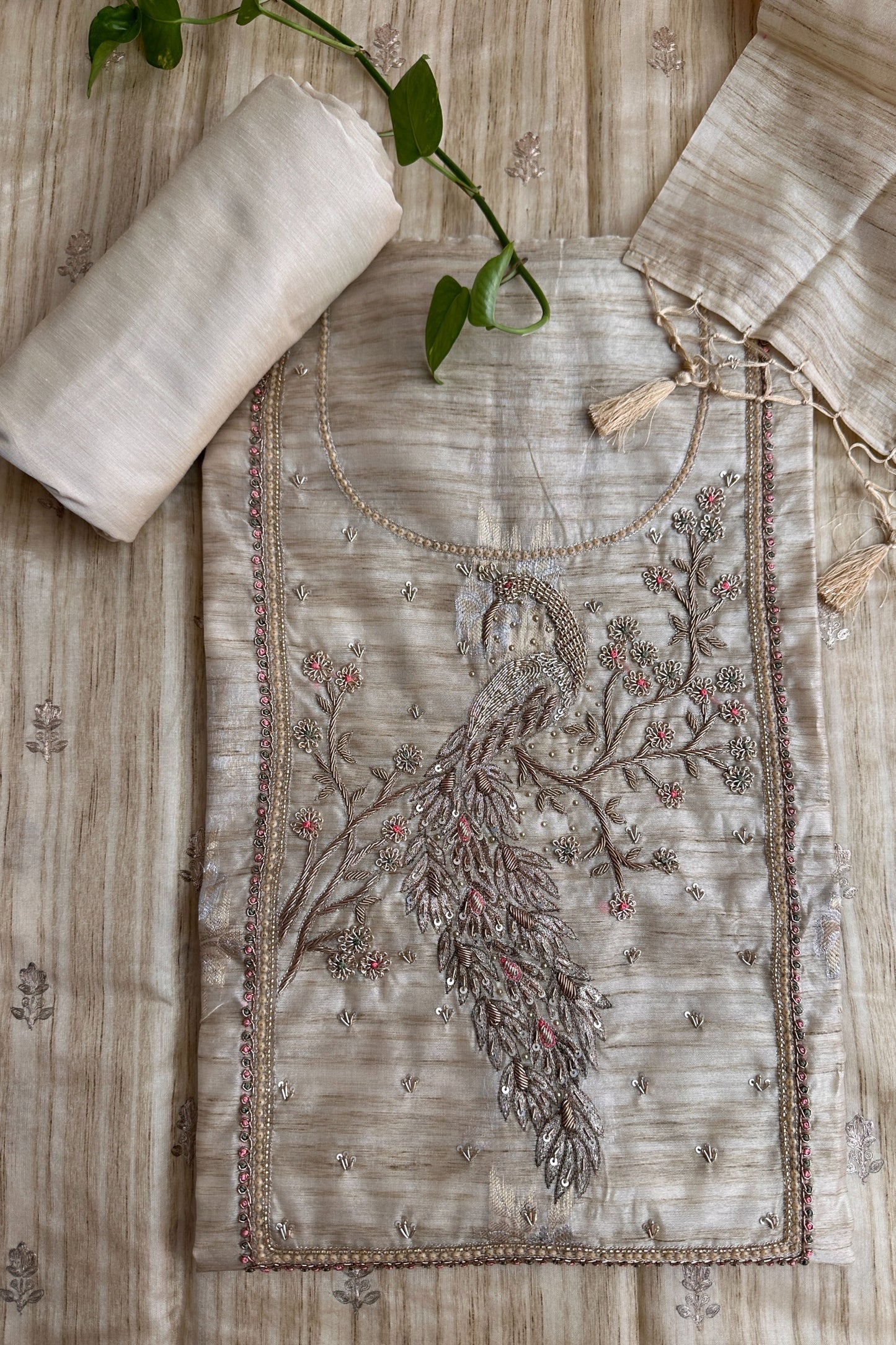 Tussar Silk Peacock Zardozi Hand Embroidered Unstitched Suit Set