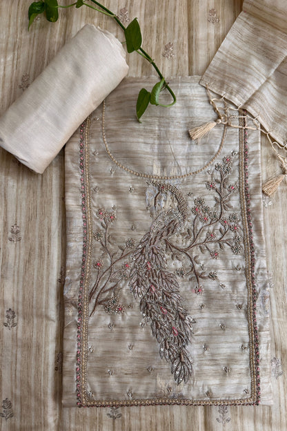 Tussar Silk Peacock Zardozi Hand Embroidered Unstitched Suit Set