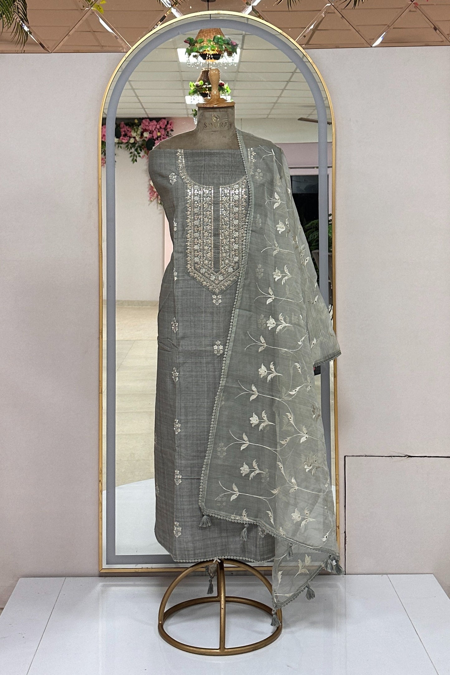 Tussar Linen Thread Embroidered Unstitched Suit Set With Designer Dupatta