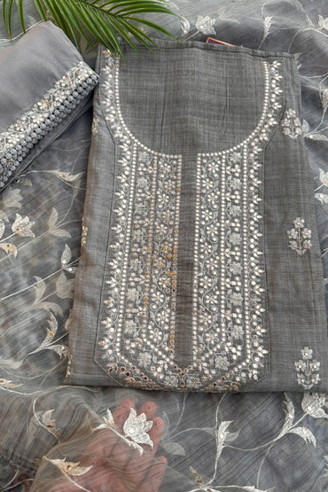 Tussar Linen Thread Embroidered Unstitched Suit Set With Designer Dupatta