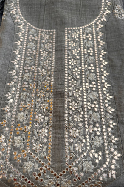 Tussar Linen Thread Embroidered Unstitched Suit Set With Designer Dupatta