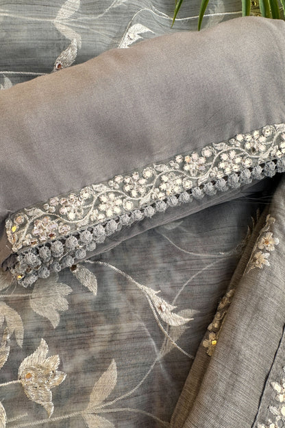 Tussar Linen Thread Embroidered Unstitched Suit Set With Designer Dupatta