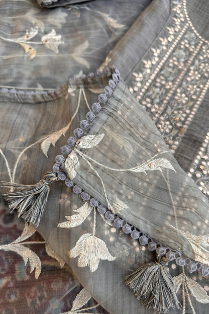 Tussar Linen Thread Embroidered Unstitched Suit Set With Designer Dupatta