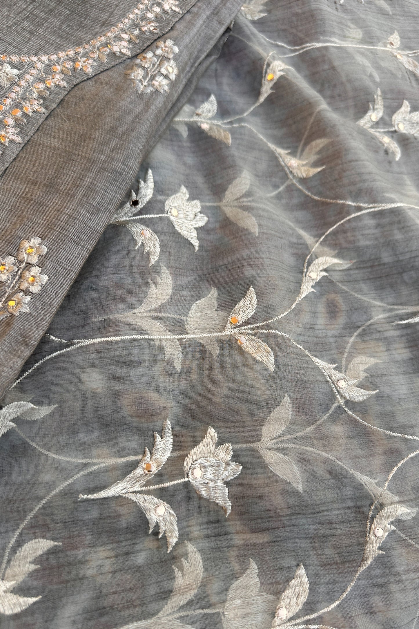 Tussar Linen Thread Embroidered Unstitched Suit Set With Designer Dupatta