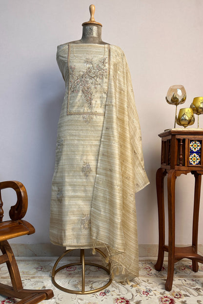 Tussar Silk Peacock Zardozi Hand Embroidered Unstitched Suit Set
