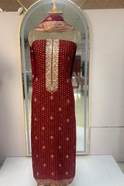 Unstitched Maroon Organza Silk Suit Set With Zari Work And Brocade Dupatta