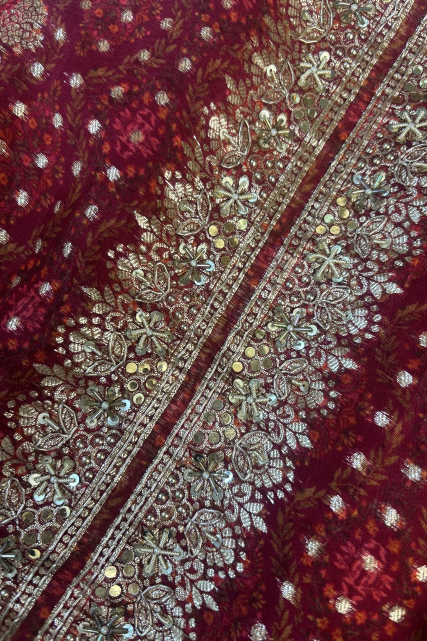 Unstitched Maroon Organza Silk Suit Set With Zari Work And Brocade Dupatta