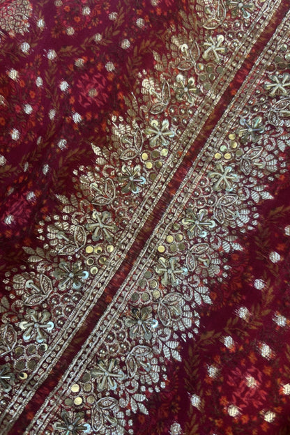 Unstitched Maroon Organza Silk Suit Set With Zari Work And Brocade Dupatta