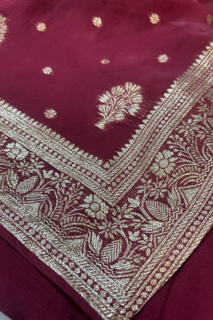 Unstitched Maroon Organza Silk Suit Set With Zari Work And Brocade Dupatta