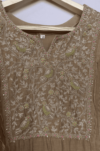 Zardozi embroidered parrot mulchanderi A line suit