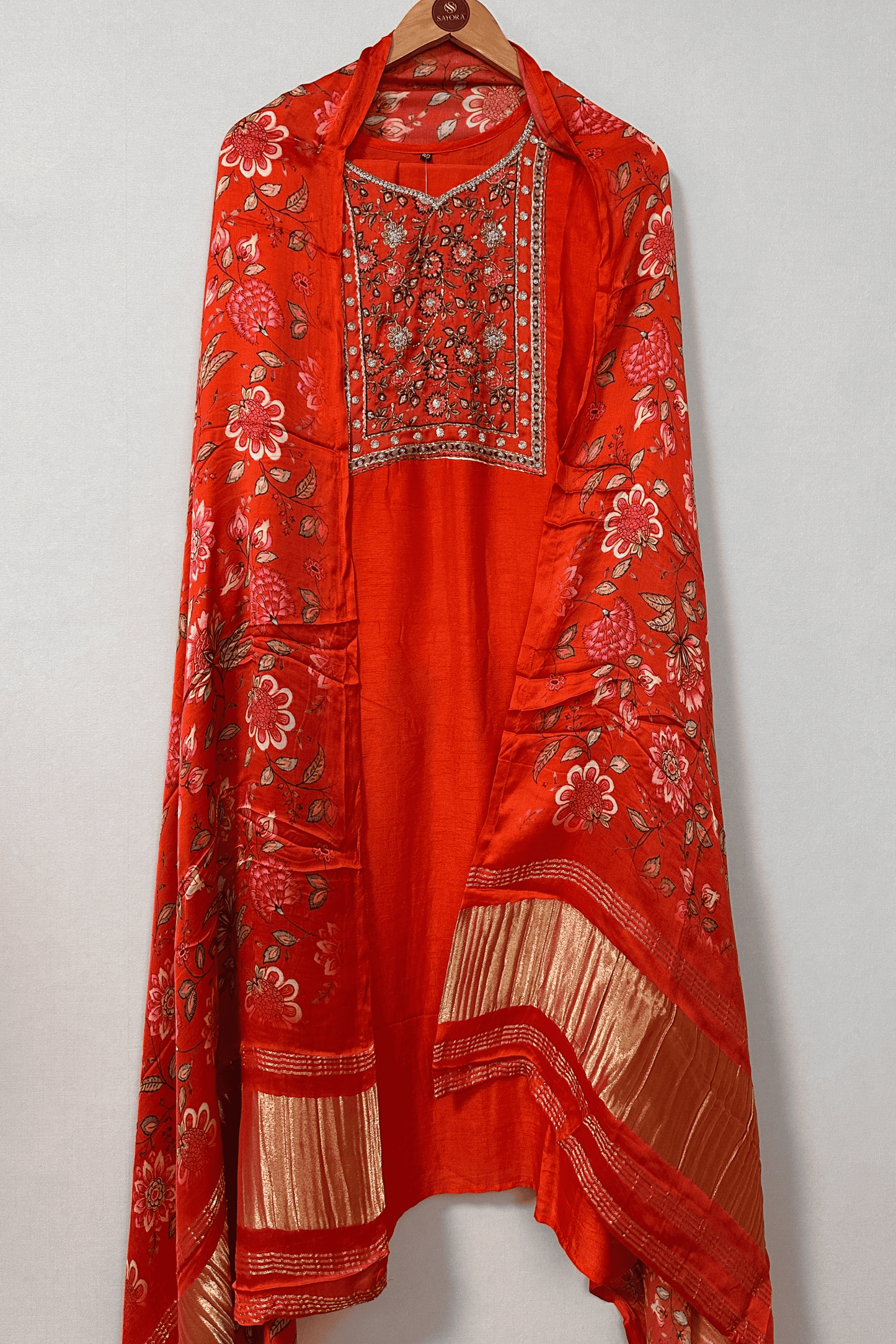 Orange hand embroidered Dola silk Suit with pure gajji silk lagdi pattu dupatta