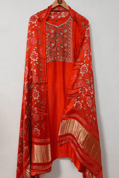 Orange hand embroidered Dola silk Suit with pure gajji silk lagdi pattu dupatta