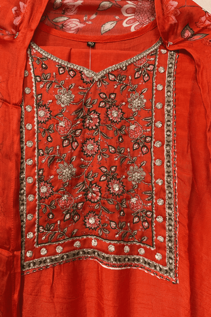 Orange hand embroidered Dola silk Suit with pure gajji silk lagdi pattu dupatta