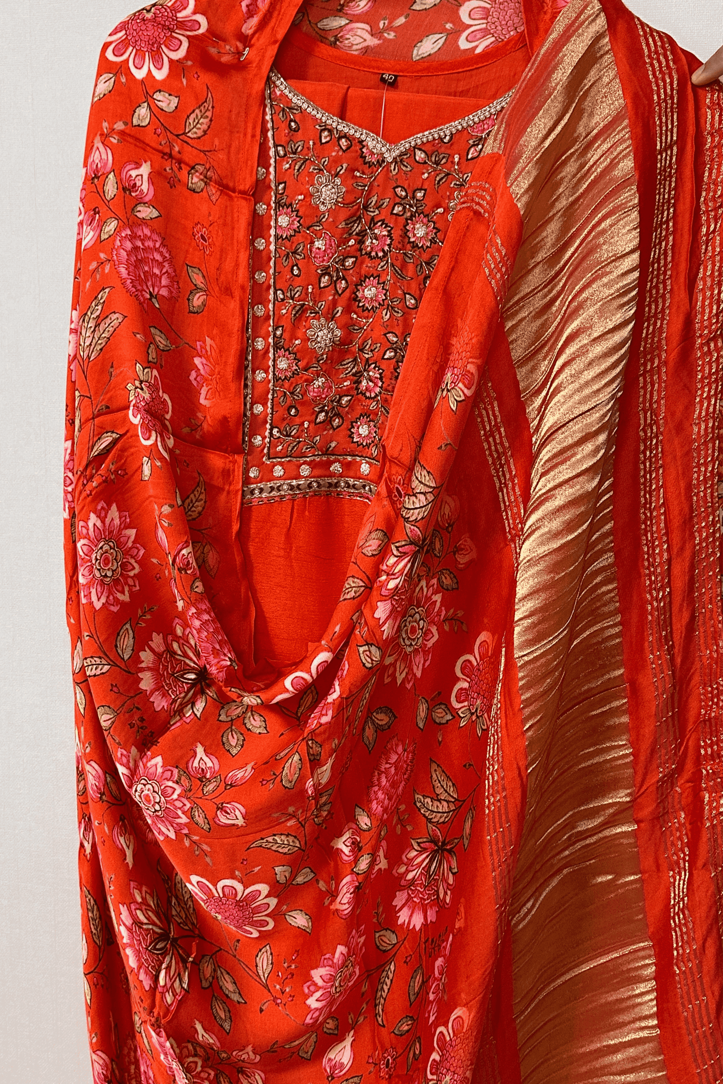 Orange hand embroidered Dola silk Suit with pure gajji silk lagdi pattu dupatta