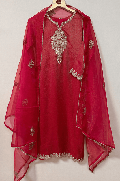 Pink Brooch style hand embroidered tissue silk suit