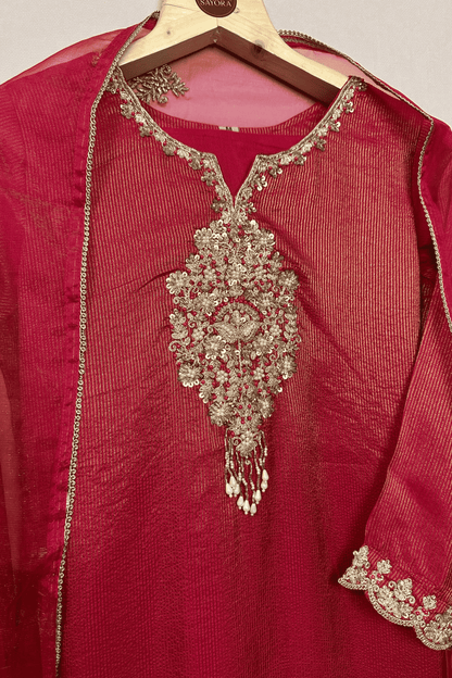 Pink Brooch style hand embroidered tissue silk suit