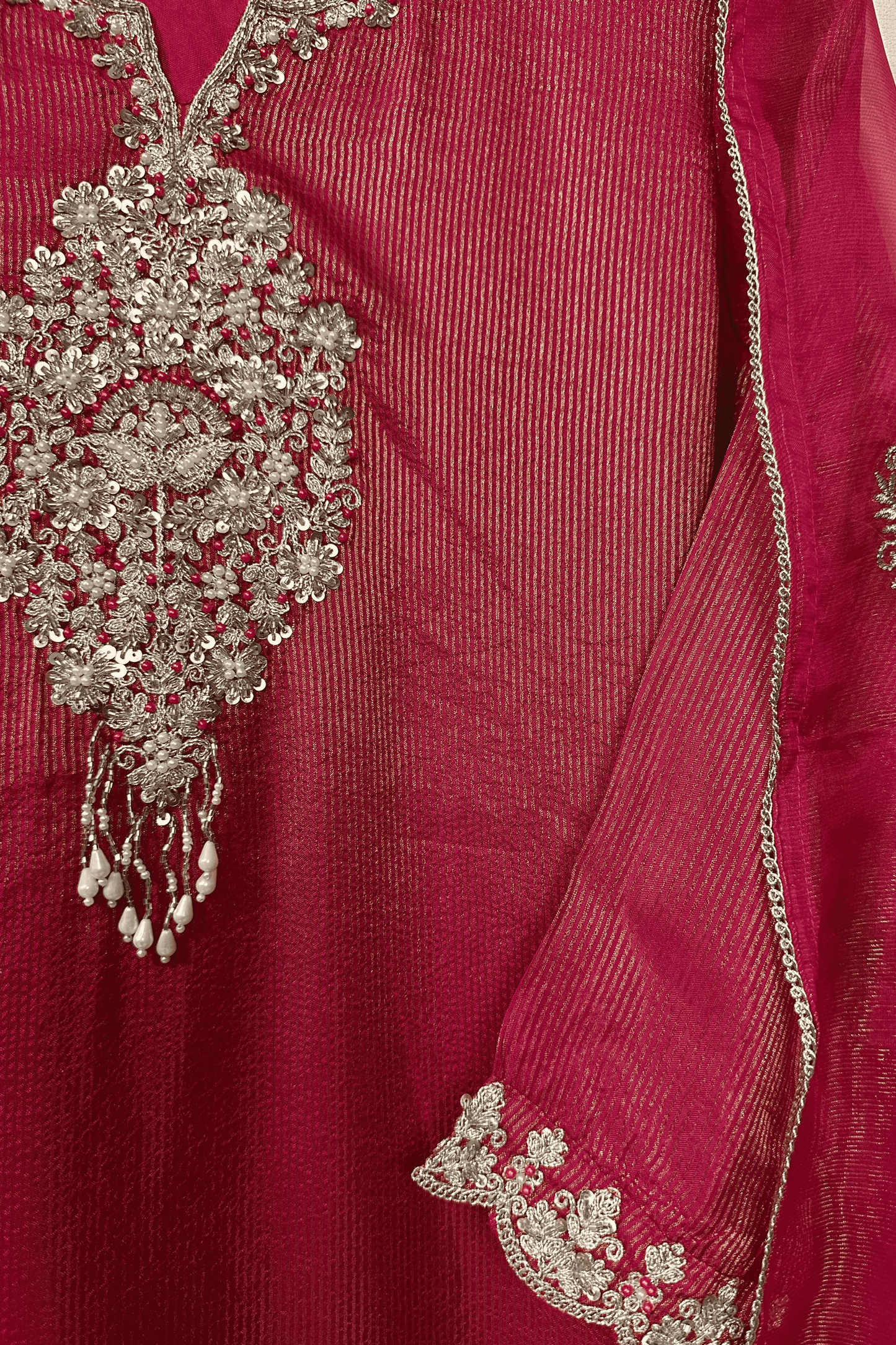 Pink Brooch style hand embroidered tissue silk suit