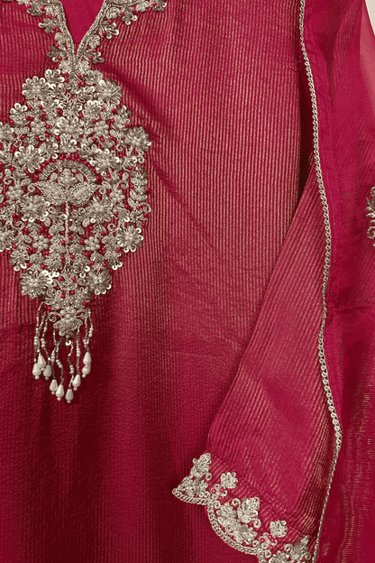 Pink Brooch style hand embroidered tissue silk suit