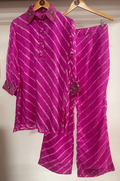 Hand embroidered pink leheriya Jaipuri Co-ord set