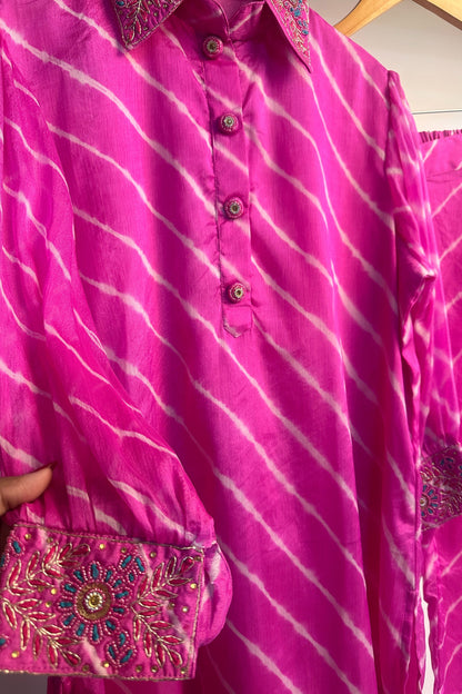 Hand embroidered pink leheriya Jaipuri Co-ord set