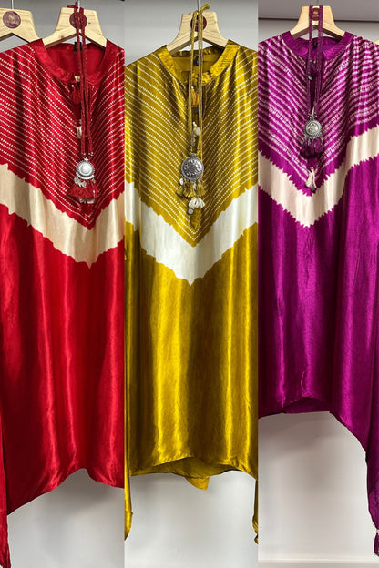 Gajji silk bandhni style designer Co-ord set (with neck accessories).