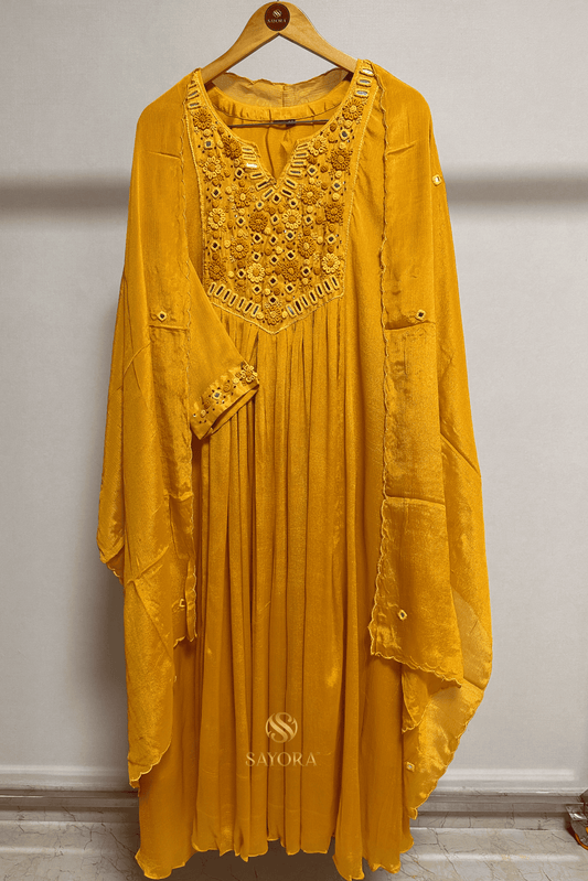 Genda phool French knot & mirror work chinon silk suit