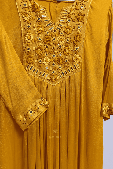 Genda phool French knot & mirror work chinon silk suit