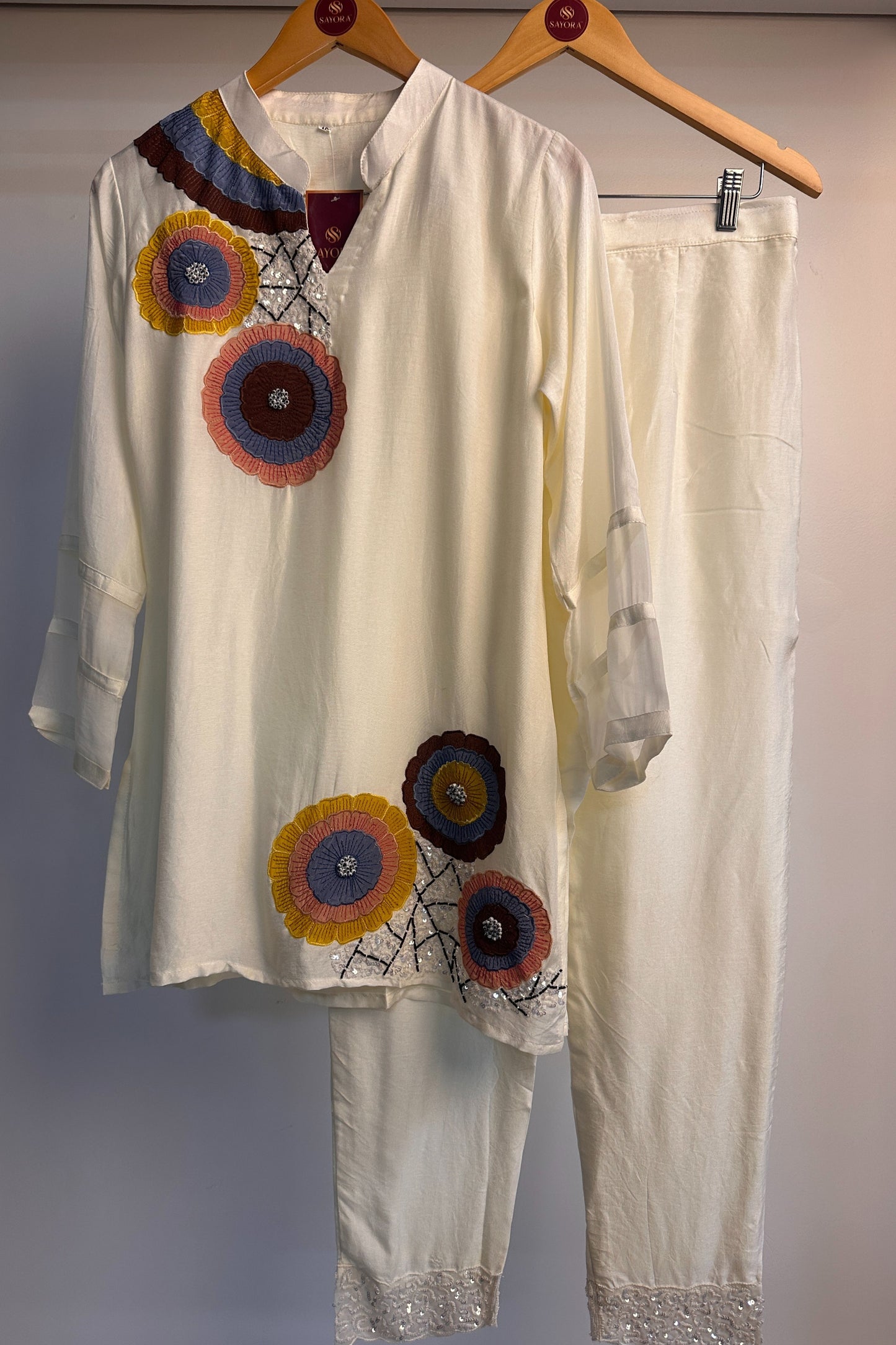 Applique work hand embroidered dola silk designer Co-ord set