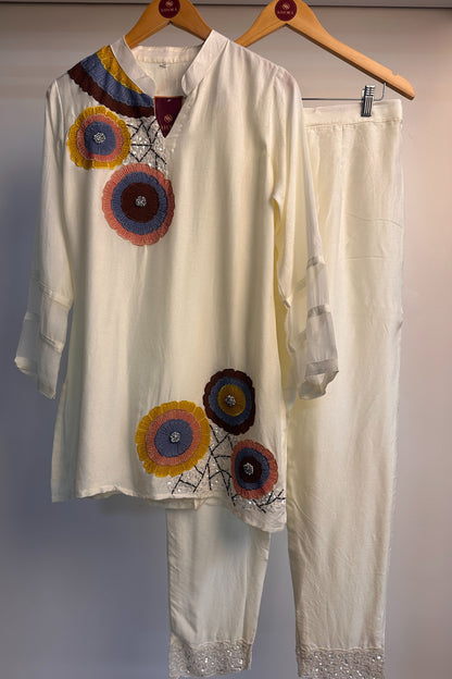 Applique work hand embroidered dola silk designer Co-ord set