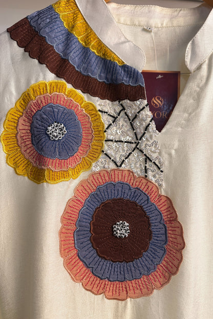 Applique work hand embroidered dola silk designer Co-ord set