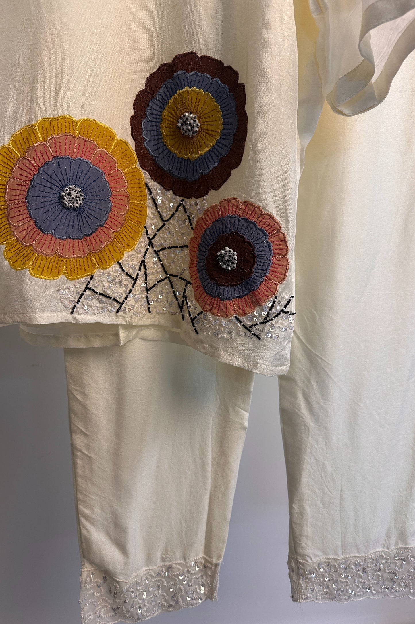 Applique work hand embroidered dola silk designer Co-ord set