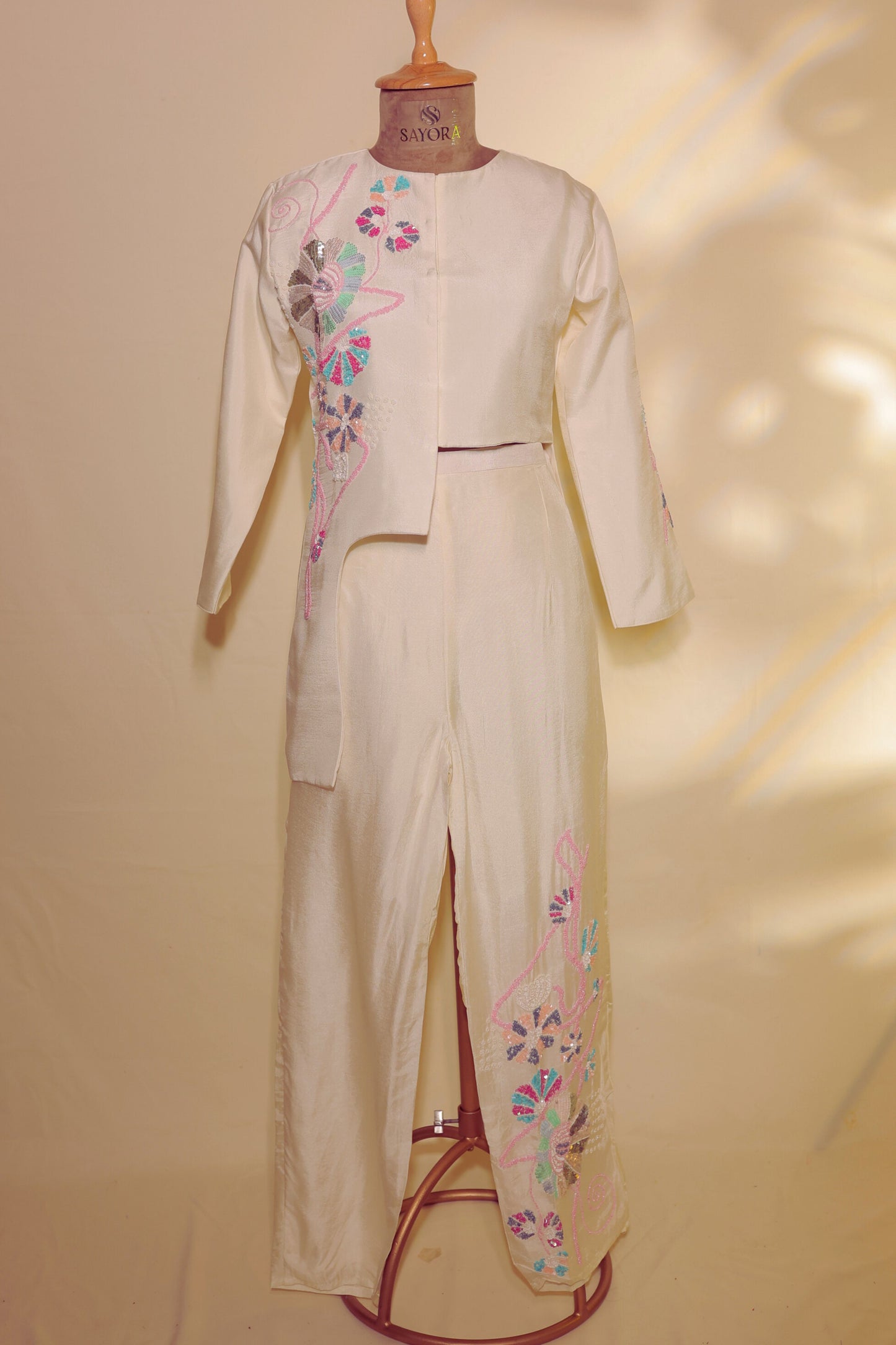 Pastel hand embroidered dola silk designer Co-ord set