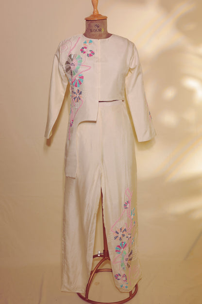 Pastel hand embroidered dola silk designer Co-ord set