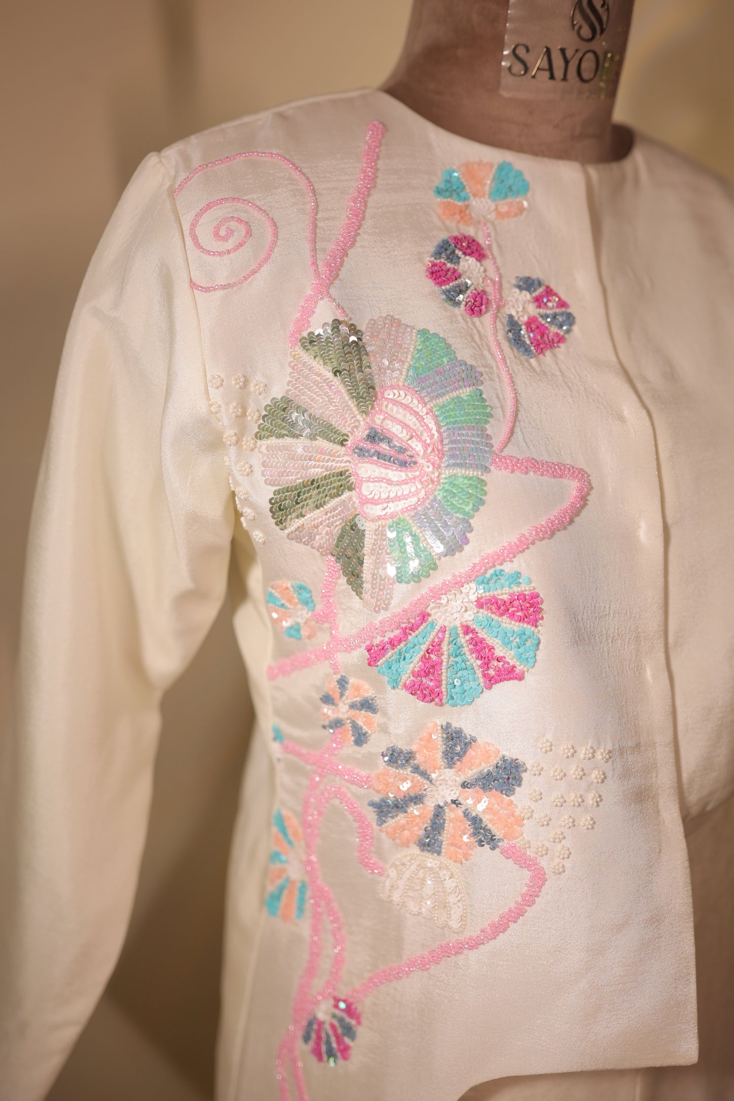 Pastel hand embroidered dola silk designer Co-ord set