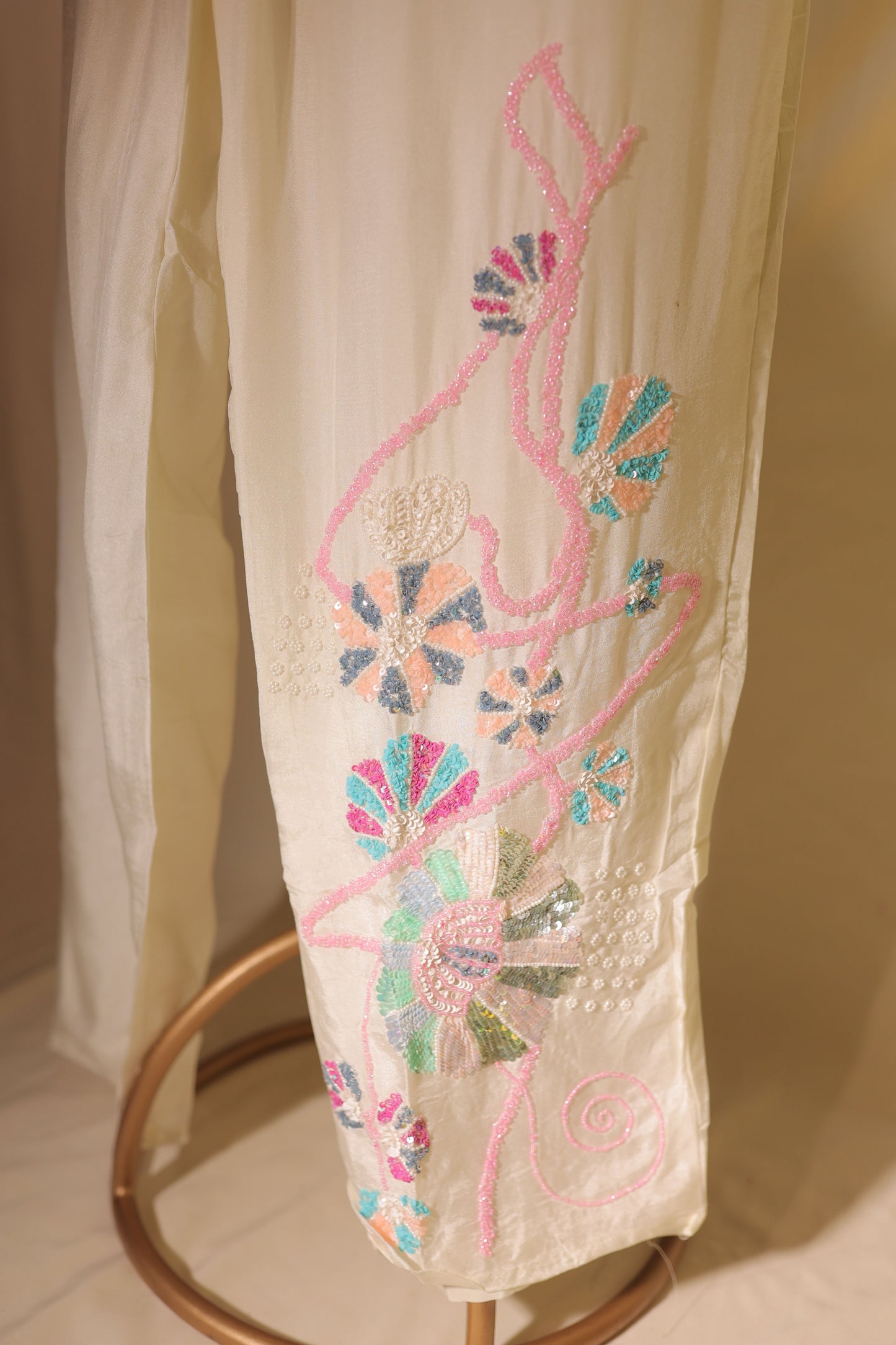 Pastel hand embroidered dola silk designer Co-ord set