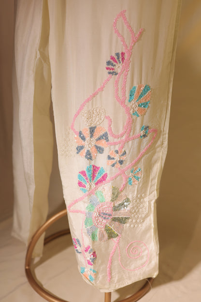 Pastel hand embroidered dola silk designer Co-ord set
