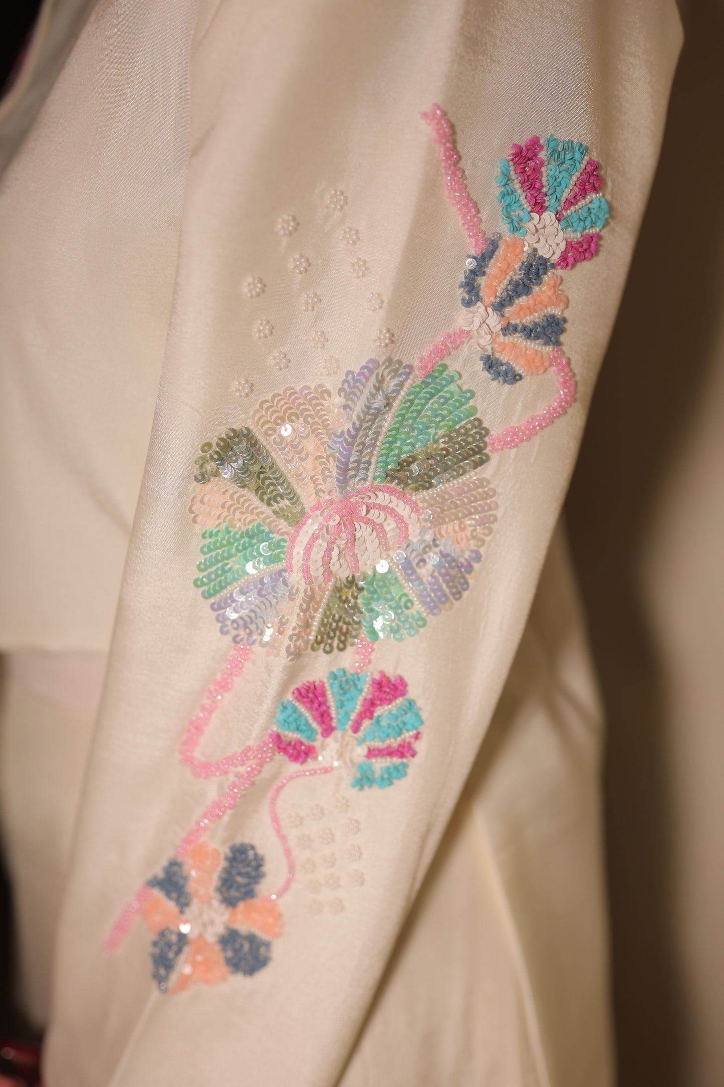 Pastel hand embroidered dola silk designer Co-ord set