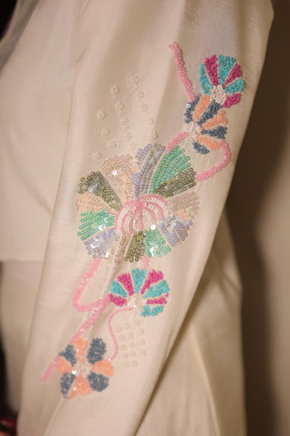 Pastel hand embroidered dola silk designer Co-ord set